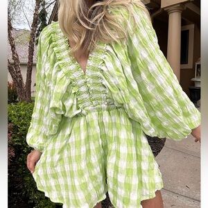 Long Sleeve Gingham Romper